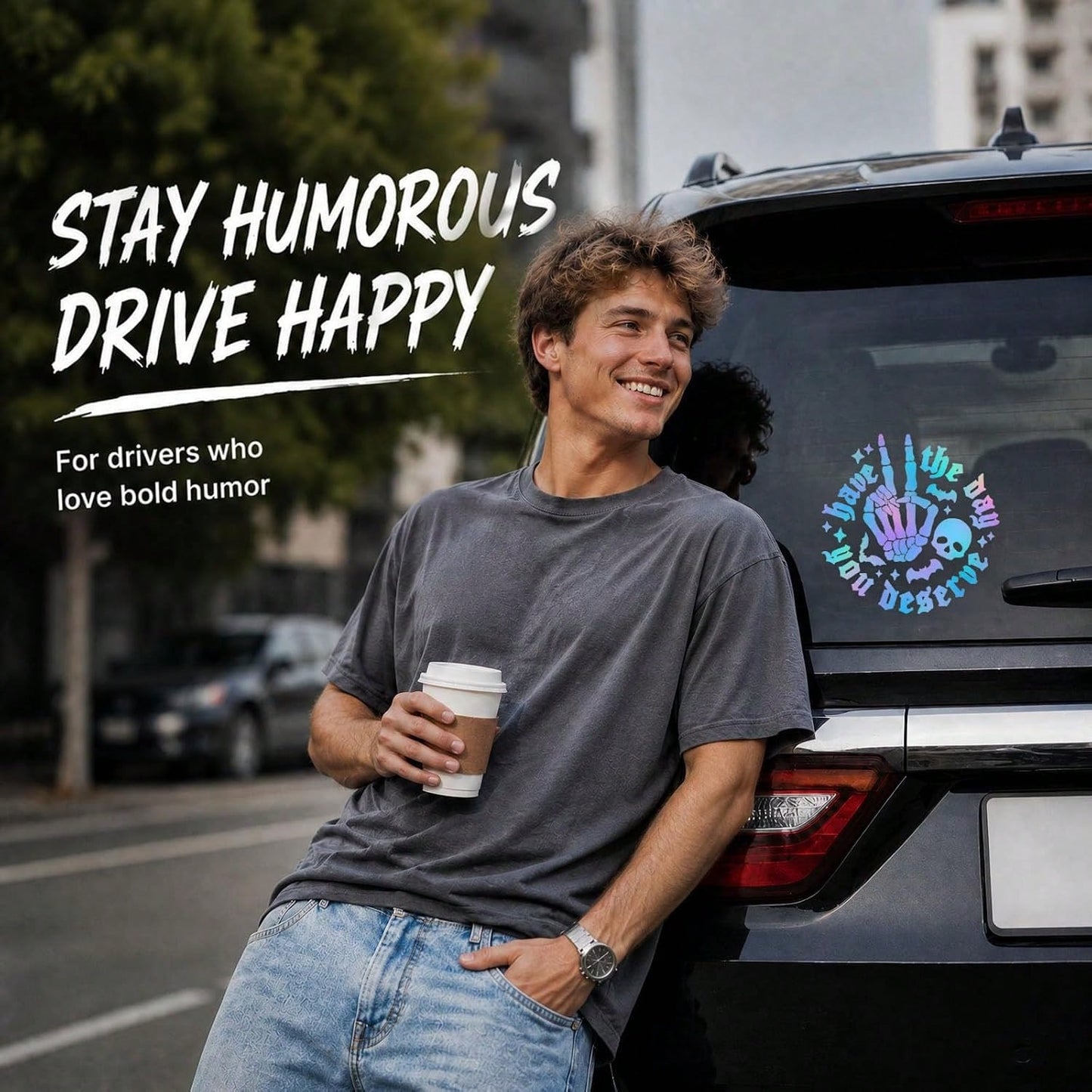 Gothic Style Iridescent "Hope You Have The Day You Deserve" Skull Rock Gesture Car Sticker, Halloween Skull Bat Laser Holographic Vinyl Decal, Humorous Sharp Car Window Bumper Decoration