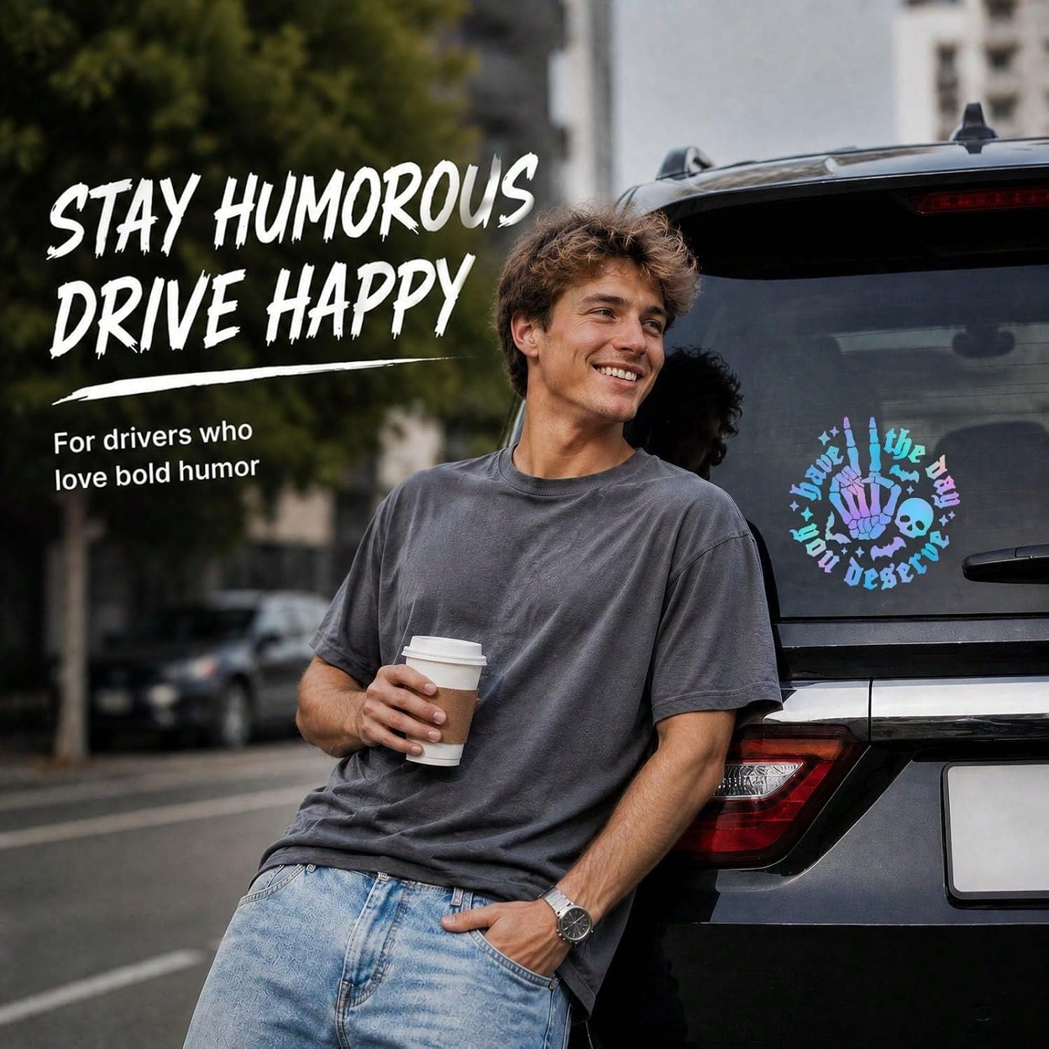 Gothic Style Iridescent "Hope You Have The Day You Deserve" Skull Rock Gesture Car Sticker, Halloween Skull Bat Laser Holographic Vinyl Decal, Humorous Sharp Car Window Bumper Decoration