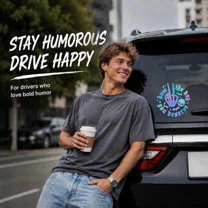 Gothic Style Iridescent "Hope You Have The Day You Deserve" Skull Rock Gesture Car Sticker, Halloween Skull Bat Laser Holographic Vinyl Decal, Humorous Sharp Car Window Bumper Decoration