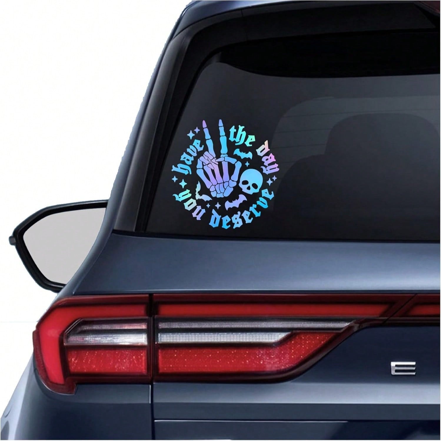 Gothic Style Iridescent "Hope You Have The Day You Deserve" Skull Rock Gesture Car Sticker, Halloween Skull Bat Laser Holographic Vinyl Decal, Humorous Sharp Car Window Bumper Decoration