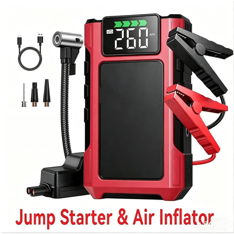 GRMA [4000A Peak| Portable] 4000A Peak Portable Tire Inflator| Car Jump Starter + Air Compressor All-In-One| 2.38G Gasoline, 1.98G, LED Light, USB Power Bank