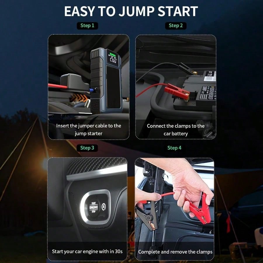 GRMA [4000A Peak| Portable] 4000A Peak Portable Tire Inflator| Car Jump Starter + Air Compressor All-In-One| 2.38G Gasoline, 1.98G, LED Light, USB Power Bank