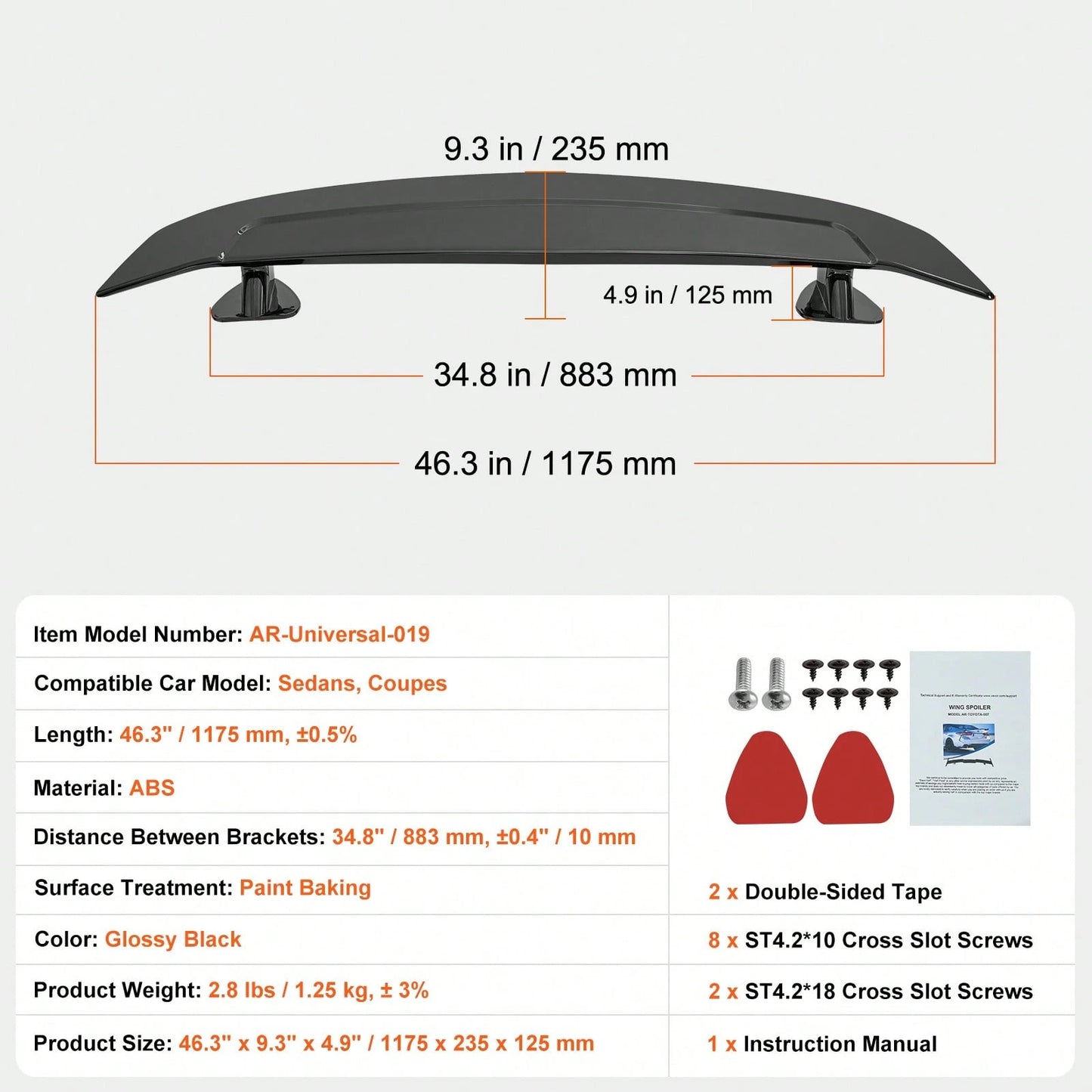 GT Wing Car Spoiler 46.3 Inch Universal Spoiler Compatible With Most Sedans And Coupes High Strength ABS Material Car Rear Spoiler Wing Racing Spoiler BGW JDM Drift Glossy Black