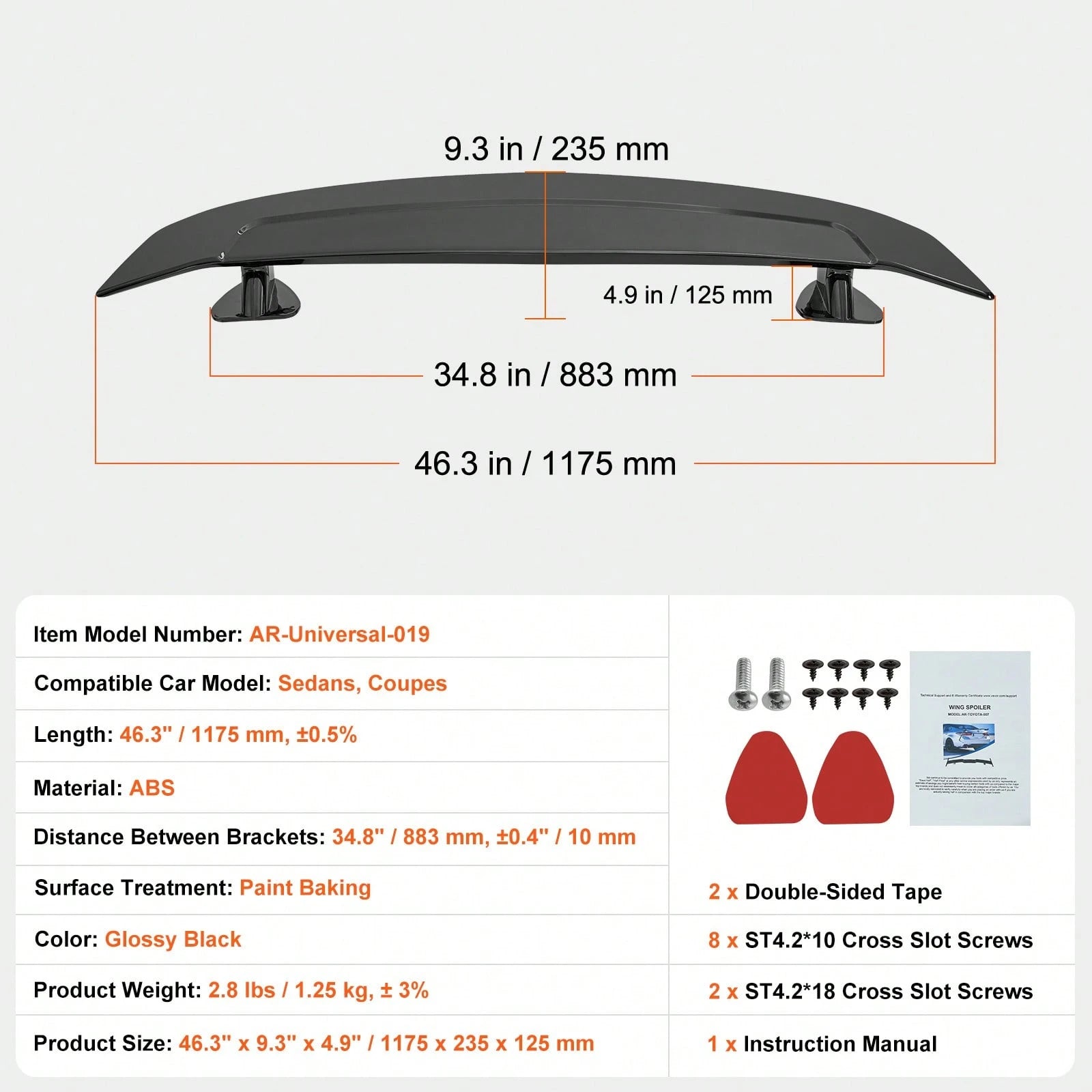 GT Wing Car Spoiler 46.3 Inch Universal Spoiler Compatible With Most Sedans And Coupes High Strength ABS Material Car Rear Spoiler Wing Racing Spoiler BGW JDM Drift Glossy Black