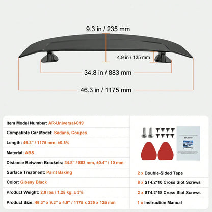 GT Wing Car Spoiler 46.3 Inch Universal Spoiler Compatible With Most Sedans And Coupes High Strength ABS Material Car Rear Spoiler Wing Racing Spoiler BGW JDM Drift Glossy Black