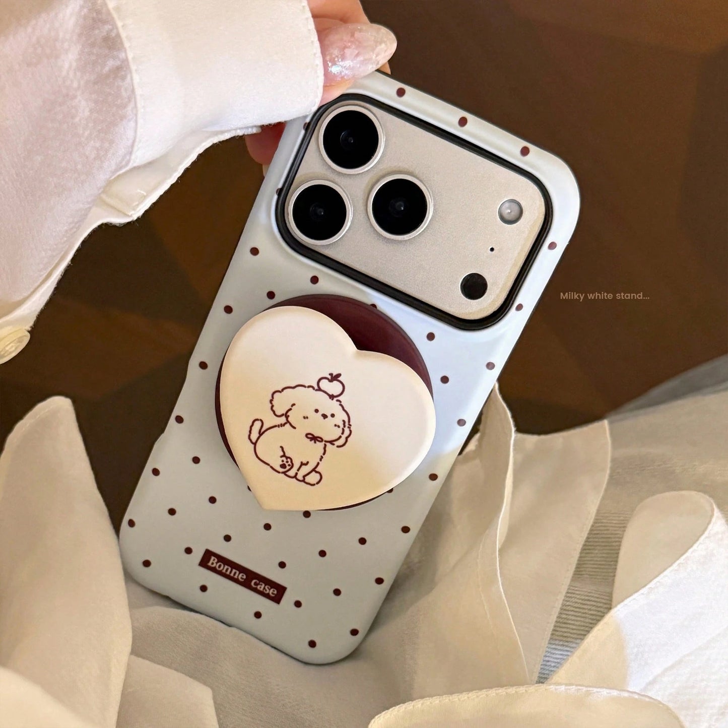 GUCADI Thin Brown Polka Dot + Chocolate Dog Magnetic Phone Case Compatible With Apple 17 Pro Max, Suitable For 16 Film, 15 Matte Hard Shell, 14 Magnetic Stand. Cute, Girly, Creative, Minimalist, Carto