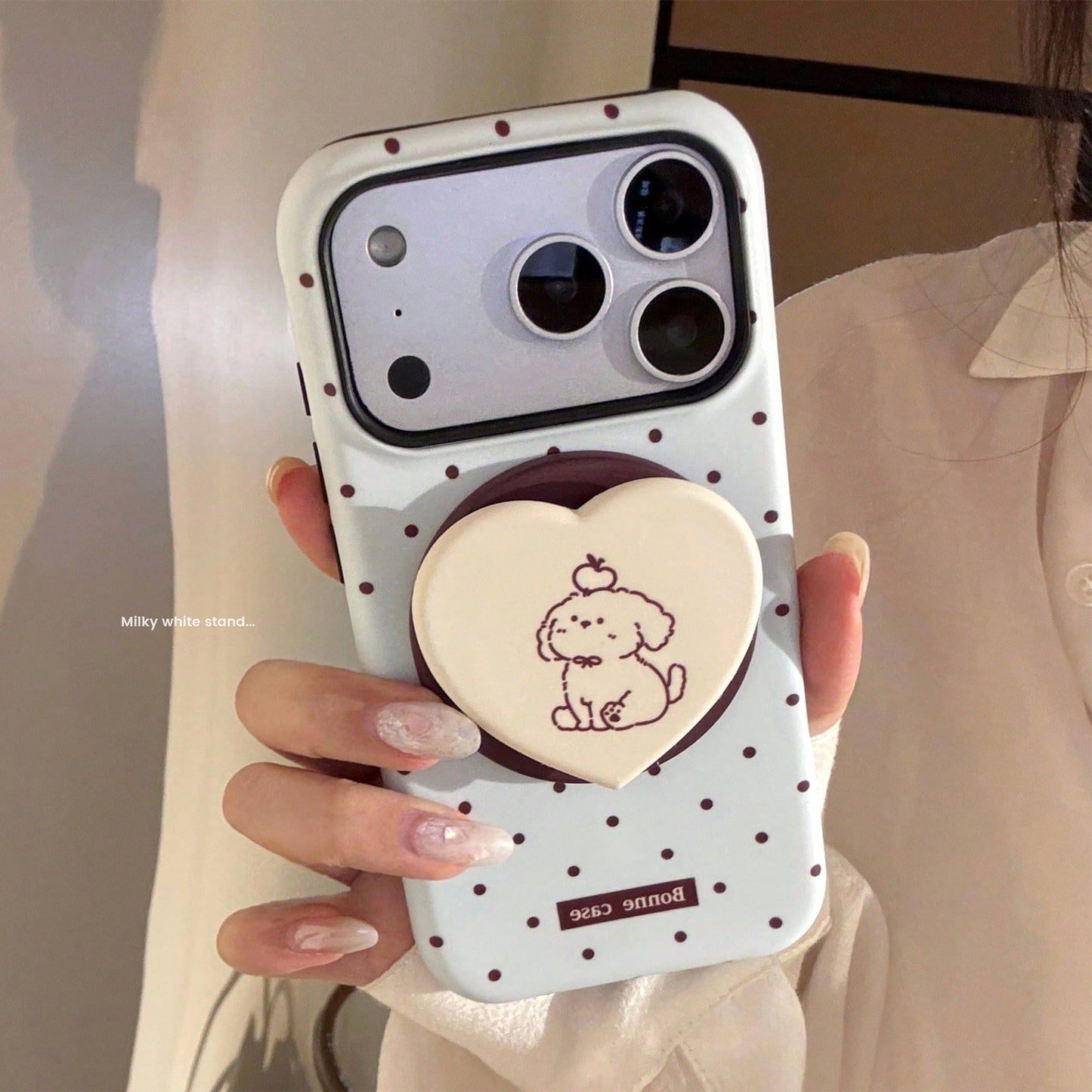 GUCADI Thin Brown Polka Dot + Chocolate Dog Magnetic Phone Case Compatible With Apple 17 Pro Max, Suitable For 16 Film, 15 Matte Hard Shell, 14 Magnetic Stand. Cute, Girly, Creative, Minimalist, Carto