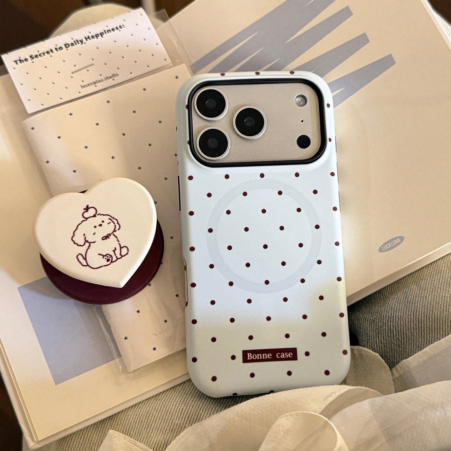GUCADI Thin Brown Polka Dot + Chocolate Dog Magnetic Phone Case Compatible With Apple 17 Pro Max, Suitable For 16 Film, 15 Matte Hard Shell, 14 Magnetic Stand. Cute, Girly, Creative, Minimalist, Carto