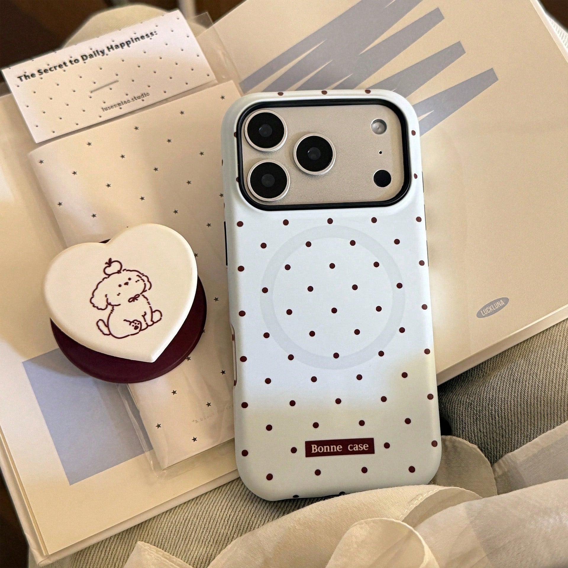 GUCADI Thin Brown Polka Dot + Chocolate Dog Magnetic Phone Case Compatible With Apple 17 Pro Max, Suitable For 16 Film, 15 Matte Hard Shell, 14 Magnetic Stand. Cute, Girly, Creative, Minimalist, Carto