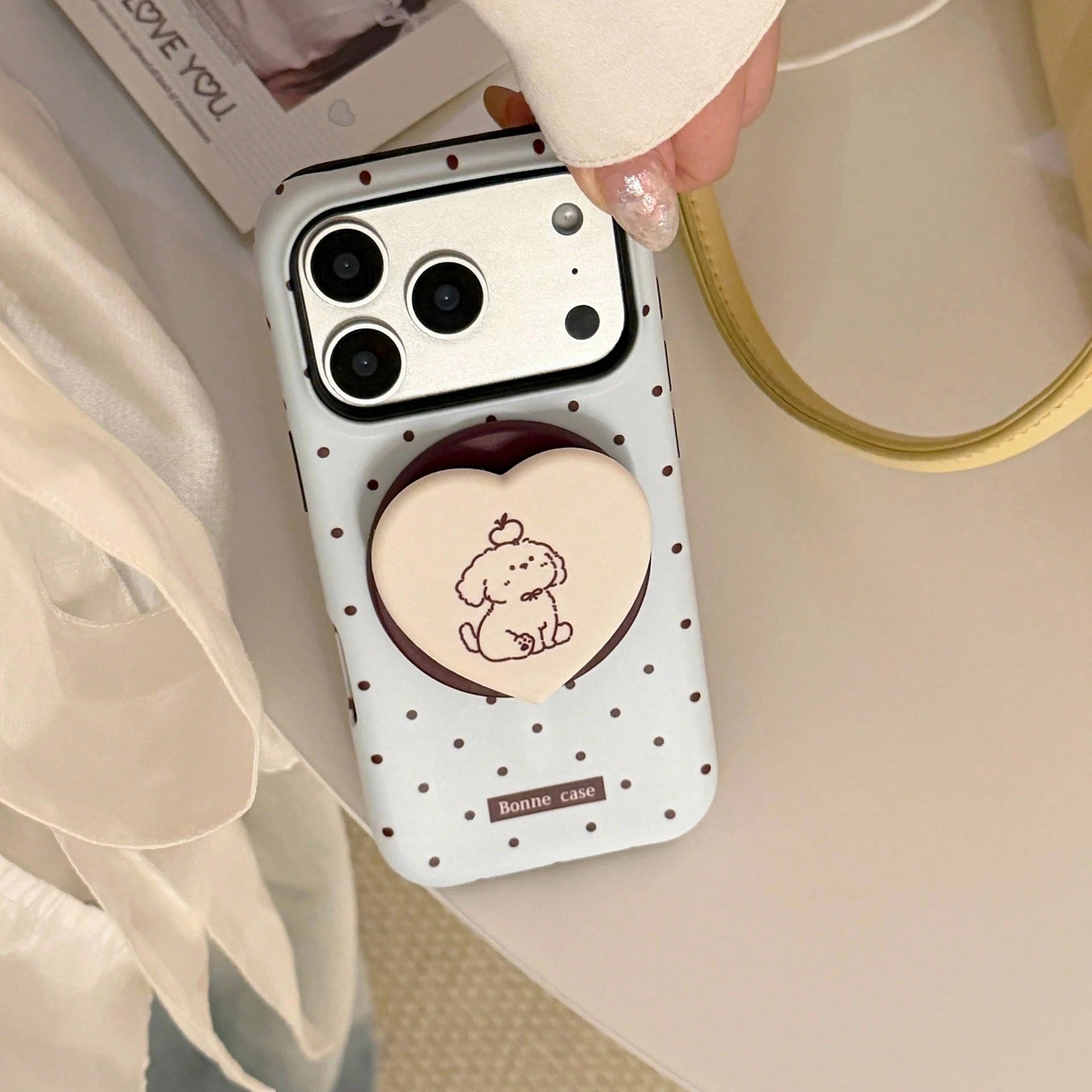 GUCADI Thin Brown Polka Dot + Chocolate Dog Magnetic Phone Case Compatible With Apple 17 Pro Max, Suitable For 16 Film, 15 Matte Hard Shell, 14 Magnetic Stand. Cute, Girly, Creative, Minimalist, Carto