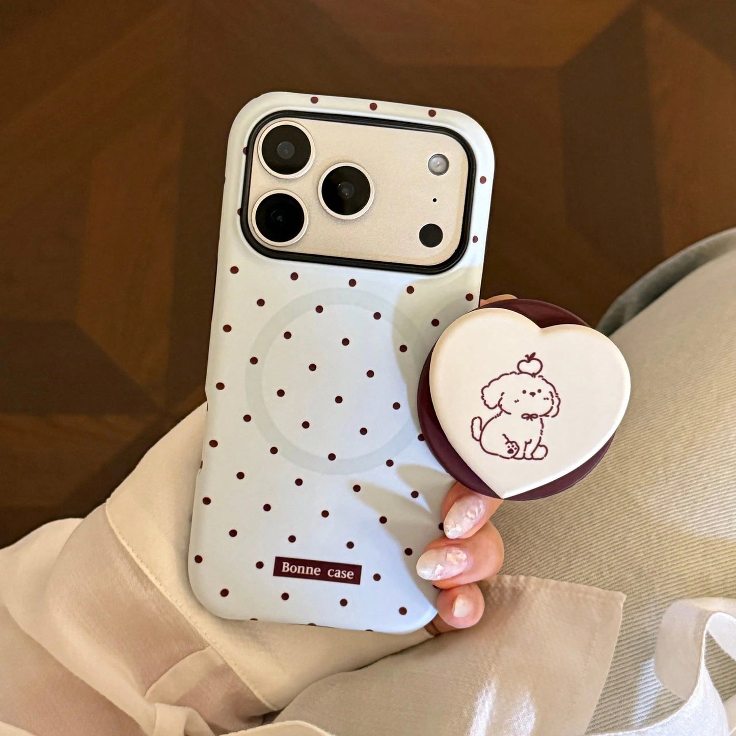 GUCADI Thin Brown Polka Dot + Chocolate Dog Magnetic Phone Case Compatible With Apple 17 Pro Max, Suitable For 16 Film, 15 Matte Hard Shell, 14 Magnetic Stand. Cute, Girly, Creative, Minimalist, Carto