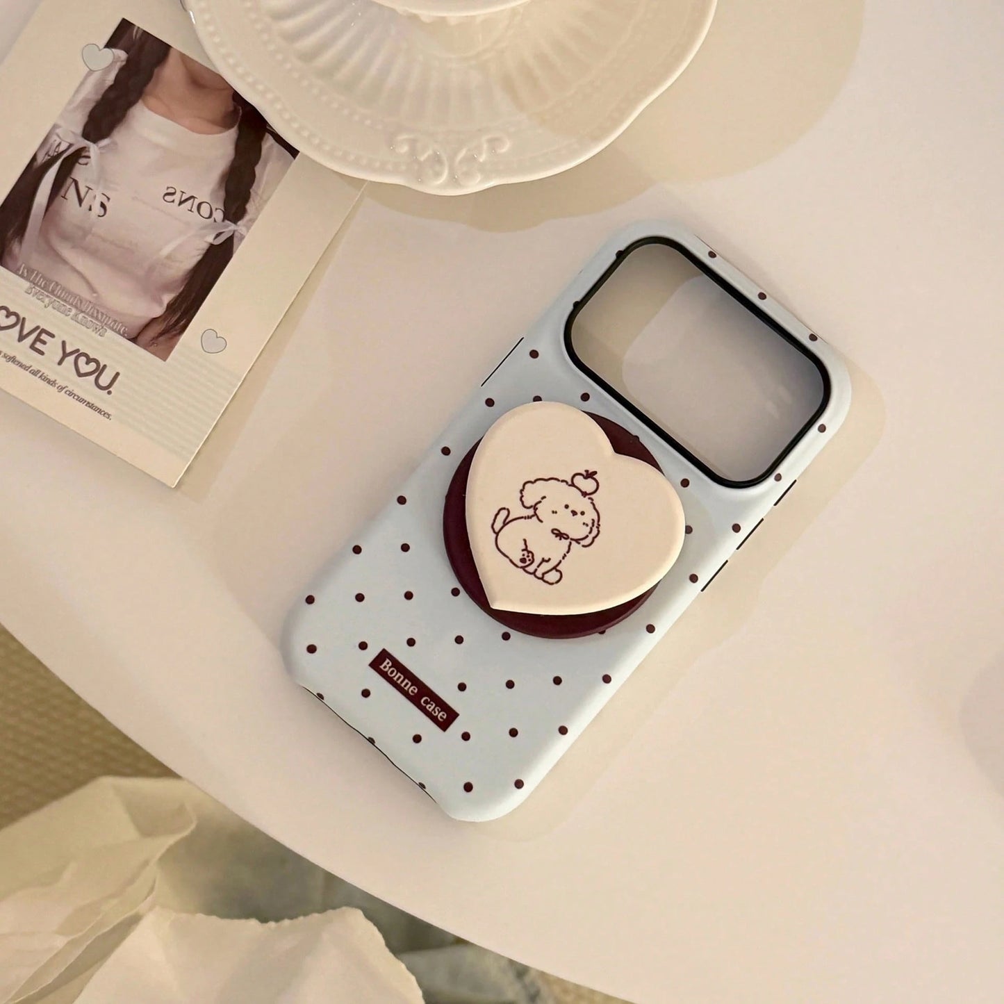 GUCADI Thin Brown Polka Dot + Chocolate Dog Magnetic Phone Case Compatible With Apple 17 Pro Max, Suitable For 16 Film, 15 Matte Hard Shell, 14 Magnetic Stand. Cute, Girly, Creative, Minimalist, Carto