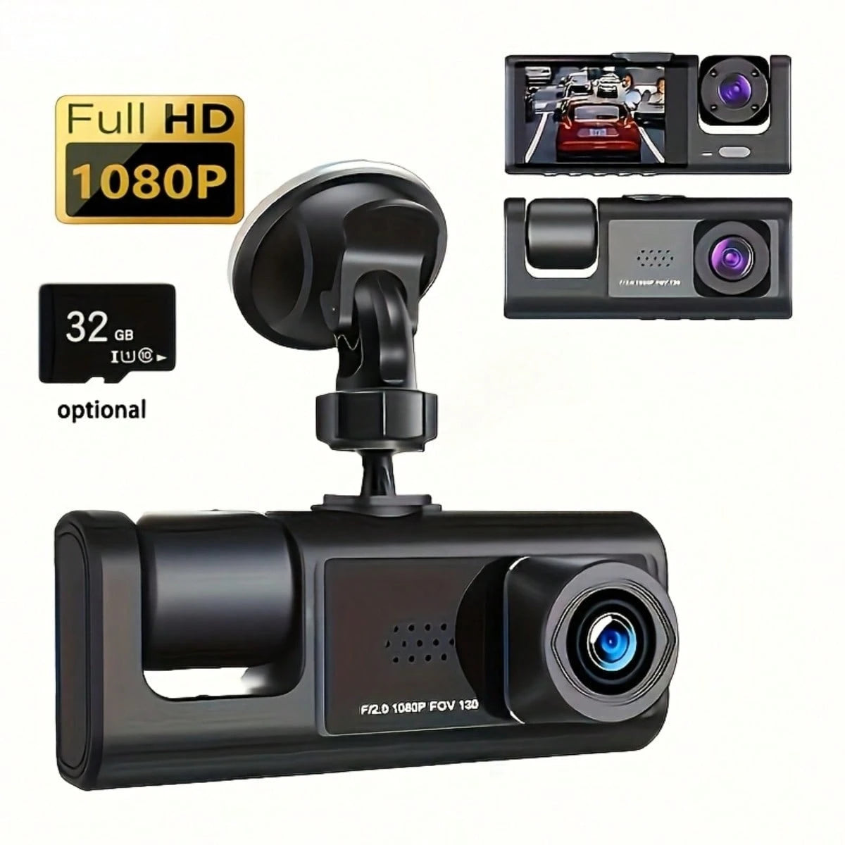 GYIOEUPT Dual Lens Car Dash Cam, 1080P Front & 480P Built-In Camera, 2'' IPS Screen, IR Night Vision, Wide Angle, Universal Vehicle Driving Recorder