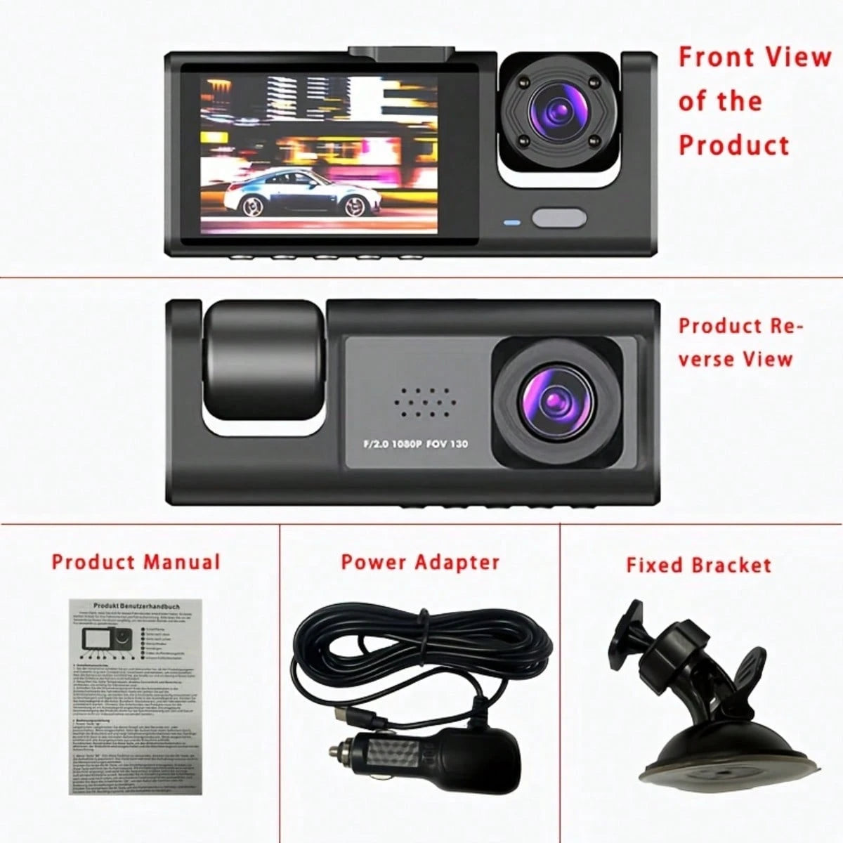 GYIOEUPT Dual Lens Car Dash Cam, 1080P Front & 480P Built-In Camera, 2'' IPS Screen, IR Night Vision, Wide Angle, Universal Vehicle Driving Recorder