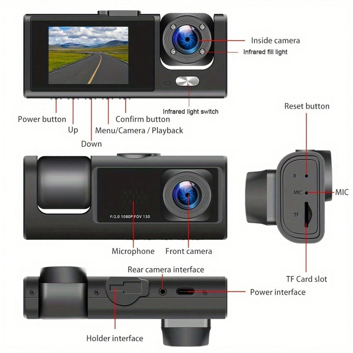 GYIOEUPT Dual Lens Car Dash Cam, 1080P Front & 480P Built-In Camera, 2'' IPS Screen, IR Night Vision, Wide Angle, Universal Vehicle Driving Recorder