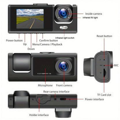 GYIOEUPT Dual Lens Car Dash Cam, 1080P Front & 480P Built-In Camera, 2'' IPS Screen, IR Night Vision, Wide Angle, Universal Vehicle Driving Recorder