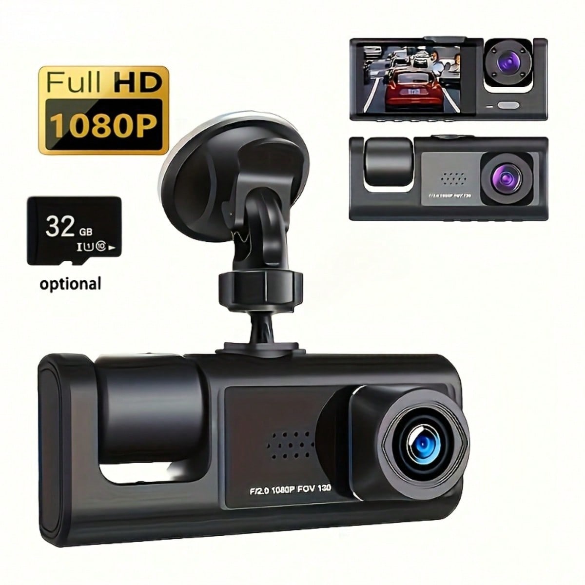 GYIOEUPT Dual Lens Car Dash Cam, 1080P Front & 480P Built-In Camera, 2'' IPS Screen, IR Night Vision, Wide Angle, Universal Vehicle Driving Recorder