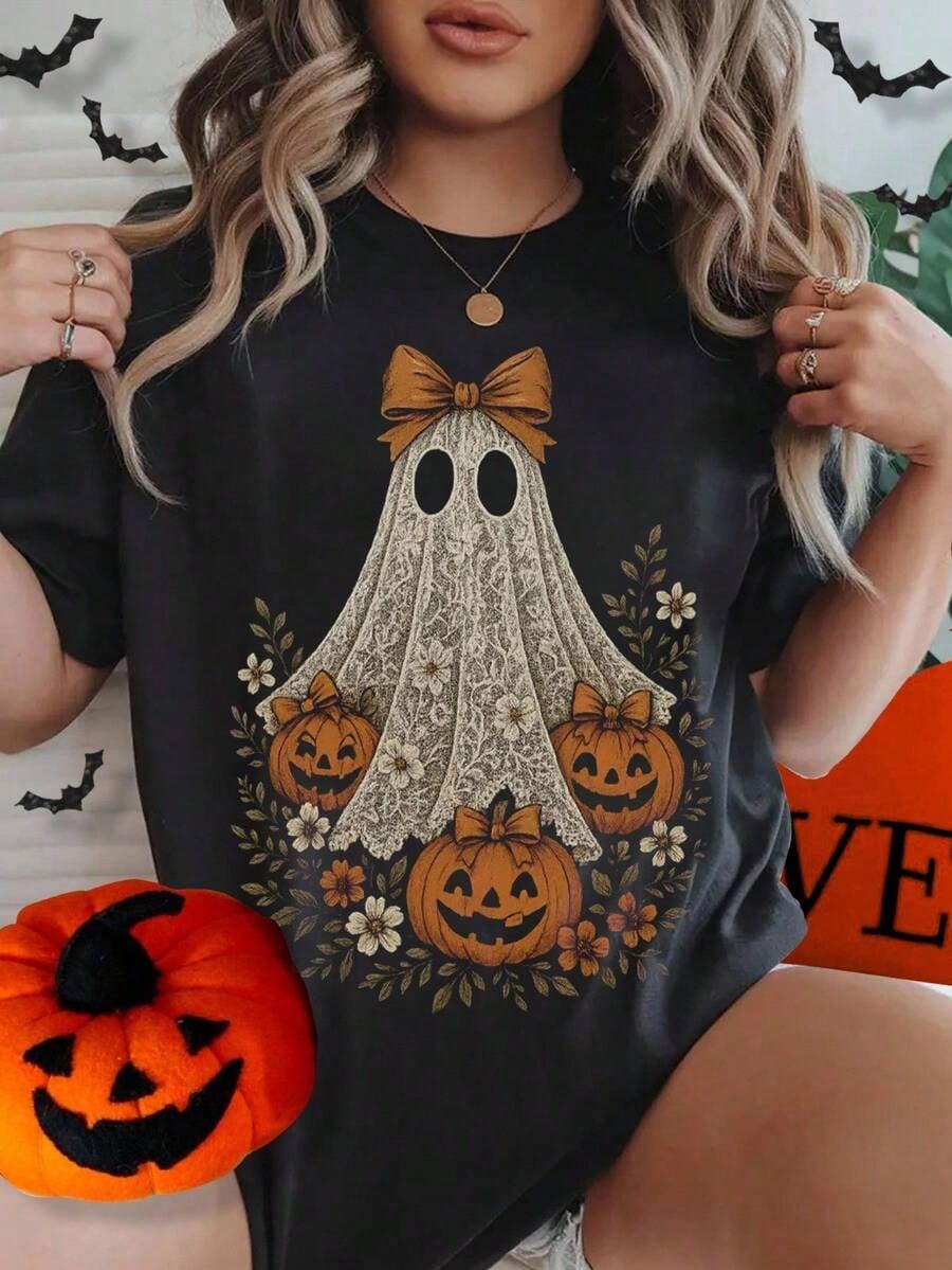 Halloween Cute Lace Ghost And Pumpkin Print Women's T-Shirt