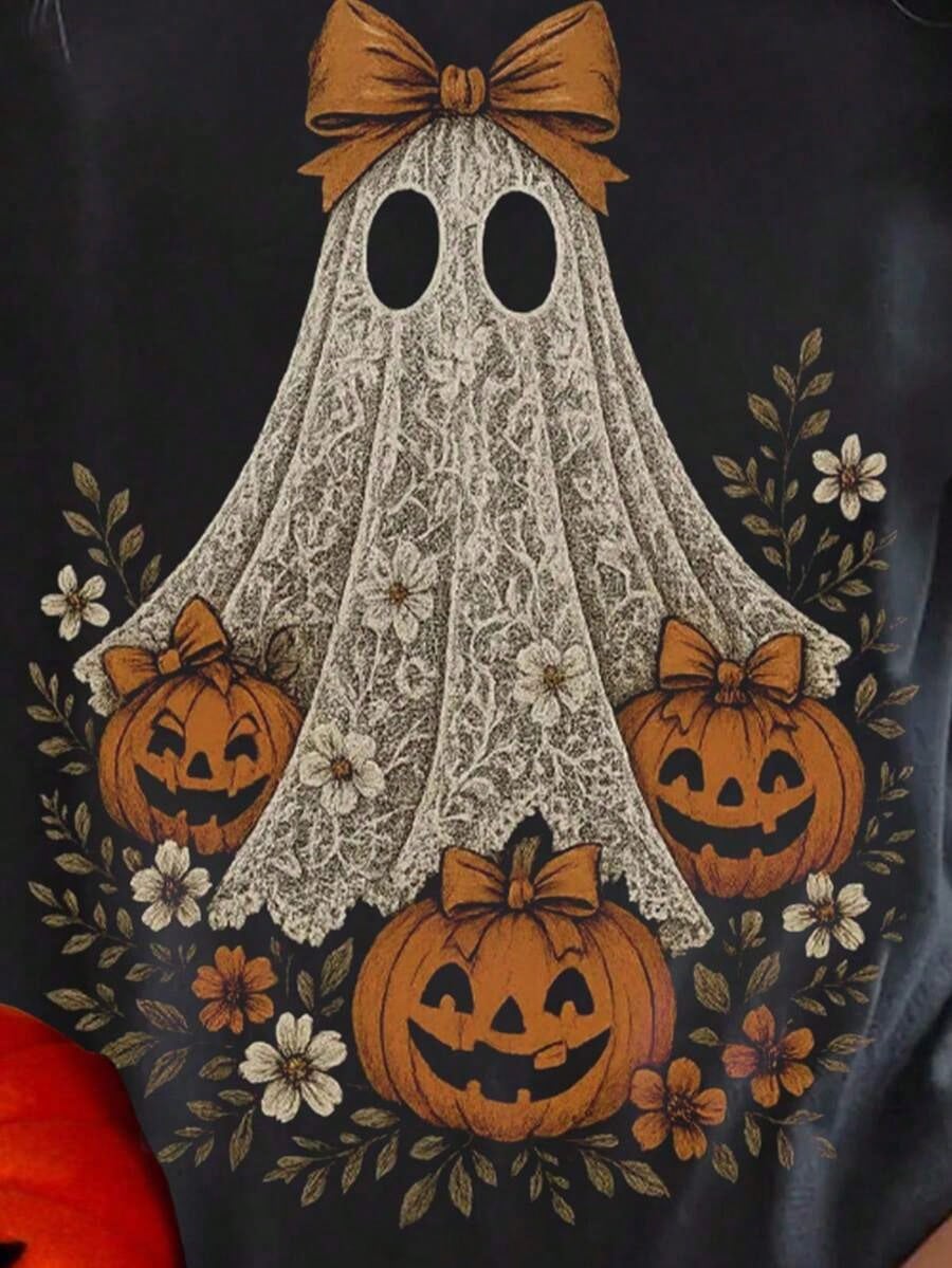 Halloween Cute Lace Ghost And Pumpkin Print Women's T-Shirt
