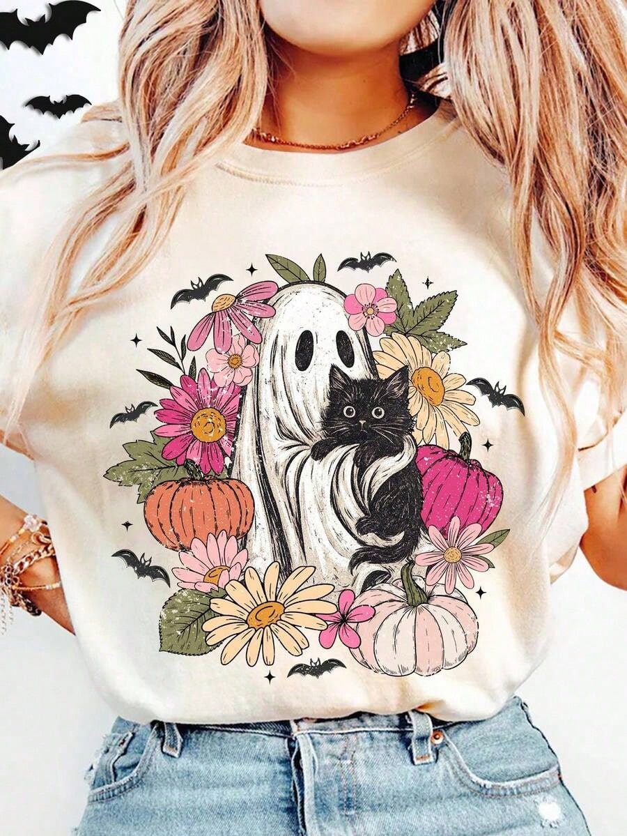 Halloween Cute Lace Ghost And Pumpkin Print Women's T-Shirt