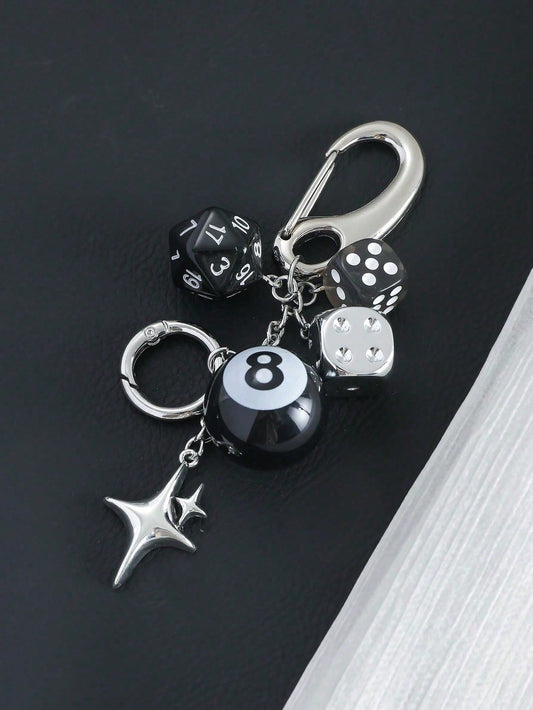 Handmade Y2K Style Destiny Dice Keychain With 8 Ball Pendant- Unisex Subculture Bag Charm & Fashion Accessory Cross
