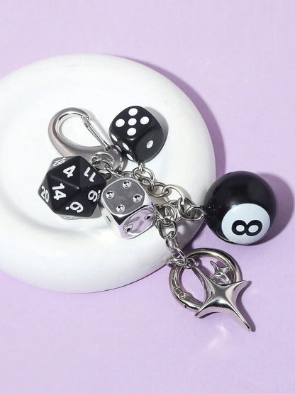 Handmade Y2K Style Destiny Dice Keychain With 8 Ball Pendant- Unisex Subculture Bag Charm & Fashion Accessory Cross