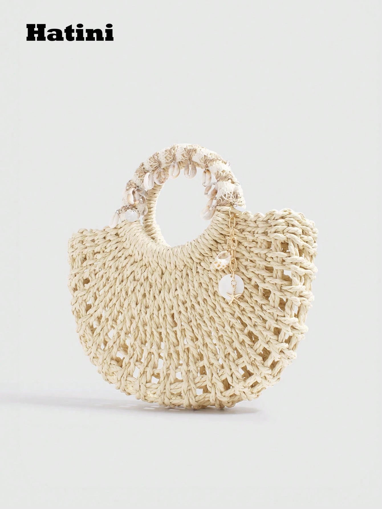 Hatini Shell Decorative Straw Woven Bag Hollow Weaving Handbag Bohemian Style Fake Bag Natural Straw Woven Women's Bag