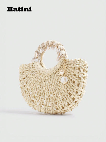 Hatini Shell Decorative Straw Woven Bag Hollow Weaving Handbag Bohemian Style Fake Bag Natural Straw Woven Women's Bag