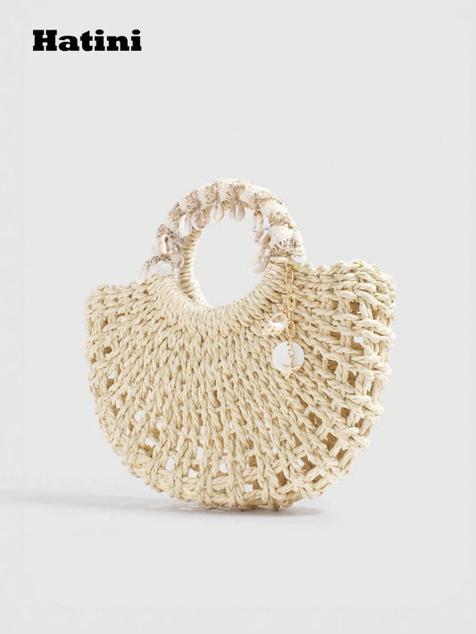 Hatini Shell Decorative Straw Woven Bag Hollow Weaving Handbag Bohemian Style Fake Bag Natural Straw Woven Women's Bag