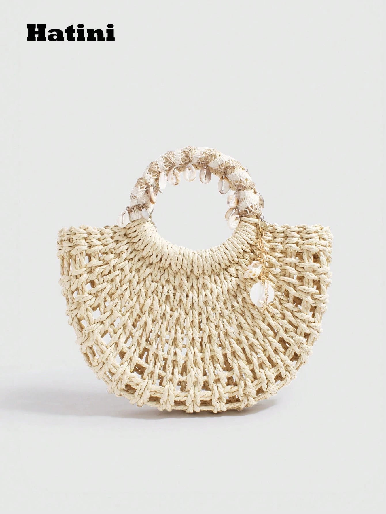 Hatini Shell Decorative Straw Woven Bag Hollow Weaving Handbag Bohemian Style Fake Bag Natural Straw Woven Women's Bag