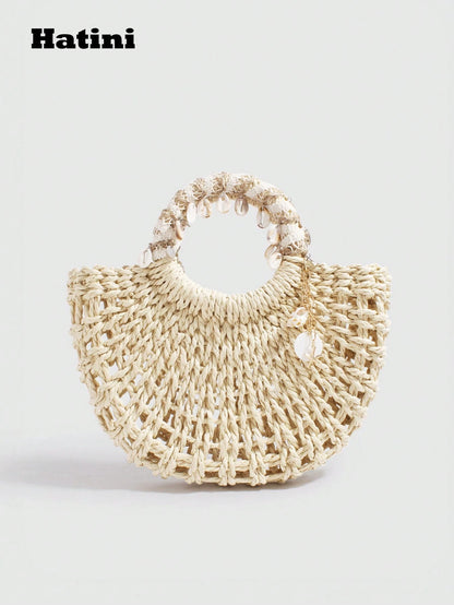 Hatini Shell Decorative Straw Woven Bag Hollow Weaving Handbag Bohemian Style Fake Bag Natural Straw Woven Women's Bag