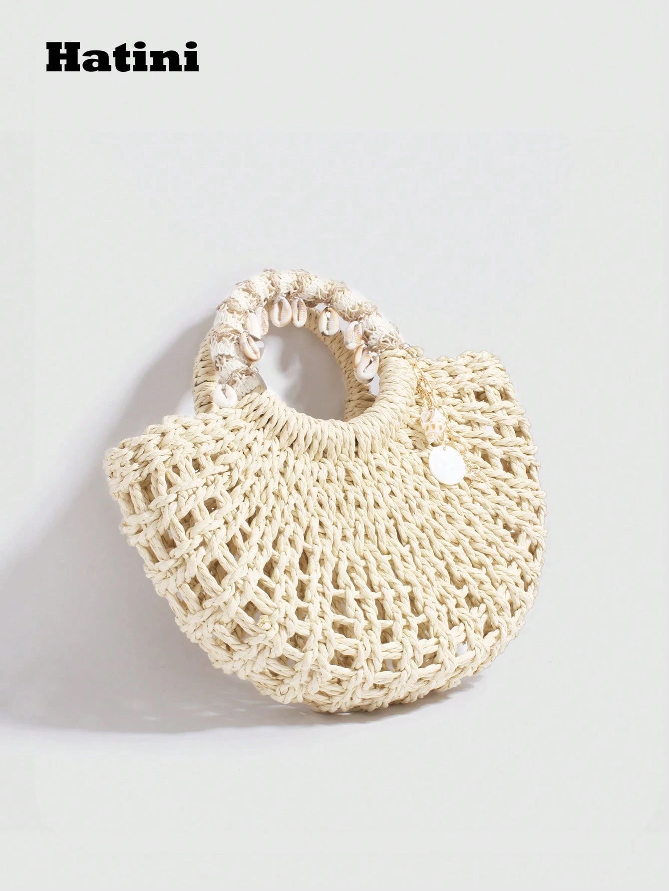 Hatini Shell Decorative Straw Woven Bag Hollow Weaving Handbag Bohemian Style Fake Bag Natural Straw Woven Women's Bag