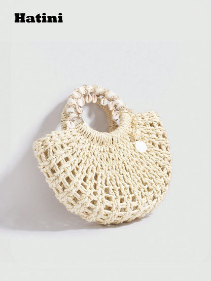 Hatini Shell Decorative Straw Woven Bag Hollow Weaving Handbag Bohemian Style Fake Bag Natural Straw Woven Women's Bag