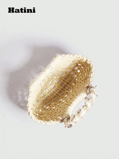 Hatini Shell Decorative Straw Woven Bag Hollow Weaving Handbag Bohemian Style Fake Bag Natural Straw Woven Women's Bag