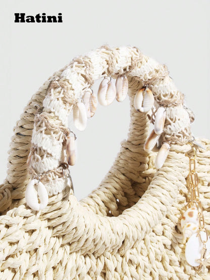 Hatini Shell Decorative Straw Woven Bag Hollow Weaving Handbag Bohemian Style Fake Bag Natural Straw Woven Women's Bag
