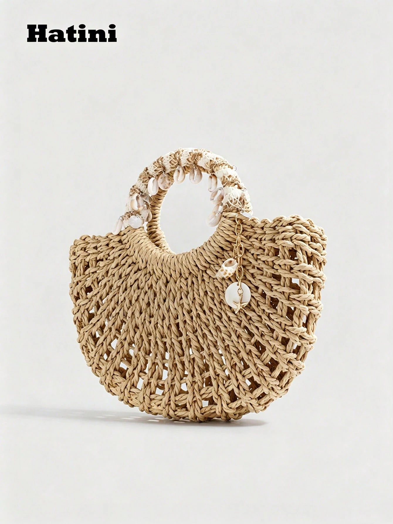 Hatini Shell Decorative Straw Woven Bag Hollow Weaving Handbag Bohemian Style Fake Bag Natural Straw Woven Women's Bag