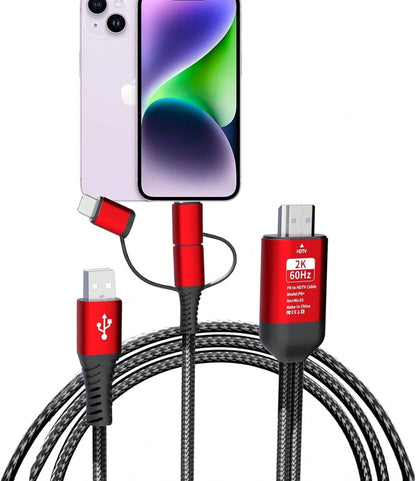 HD Cable To TV Adapter 2K 60Hz 1080P Mobile To TV HD Compatible With Android Phones With Type-C Port 3-In-1 Design Multi-Functional Plug-And-Play HD Cable Compatible With TVs/HDTVs/Blu-Ray Players