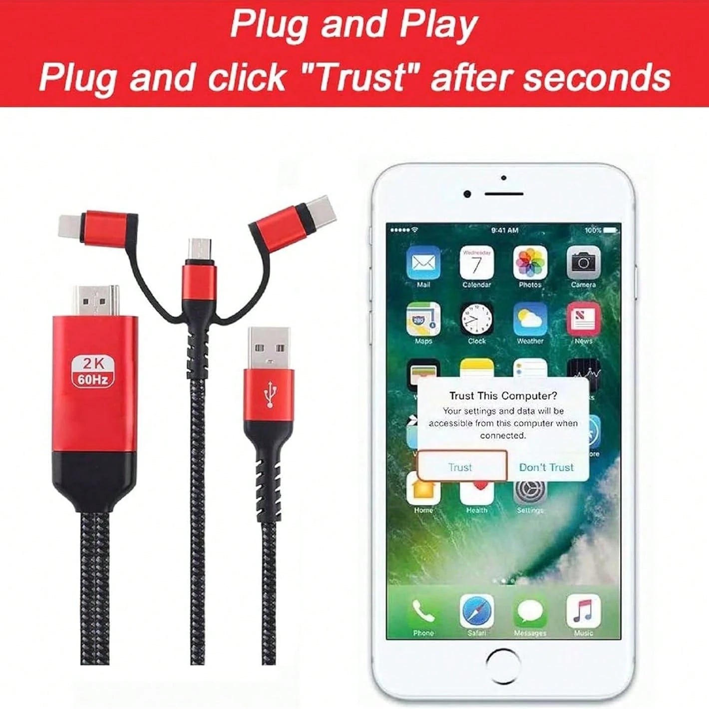 HD Cable To TV Adapter 2K 60Hz 1080P Mobile To TV HD Compatible With Android Phones With Type-C Port 3-In-1 Design Multi-Functional Plug-And-Play HD Cable Compatible With TVs/HDTVs/Blu-Ray Players