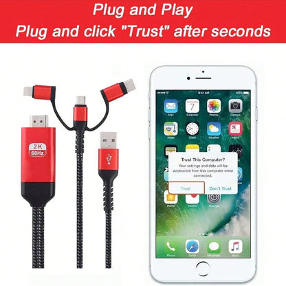HD Cable To TV Adapter 2K 60Hz 1080P Mobile To TV HD Compatible With Android Phones With Type-C Port 3-In-1 Design Multi-Functional Plug-And-Play HD Cable Compatible With TVs/HDTVs/Blu-Ray Players