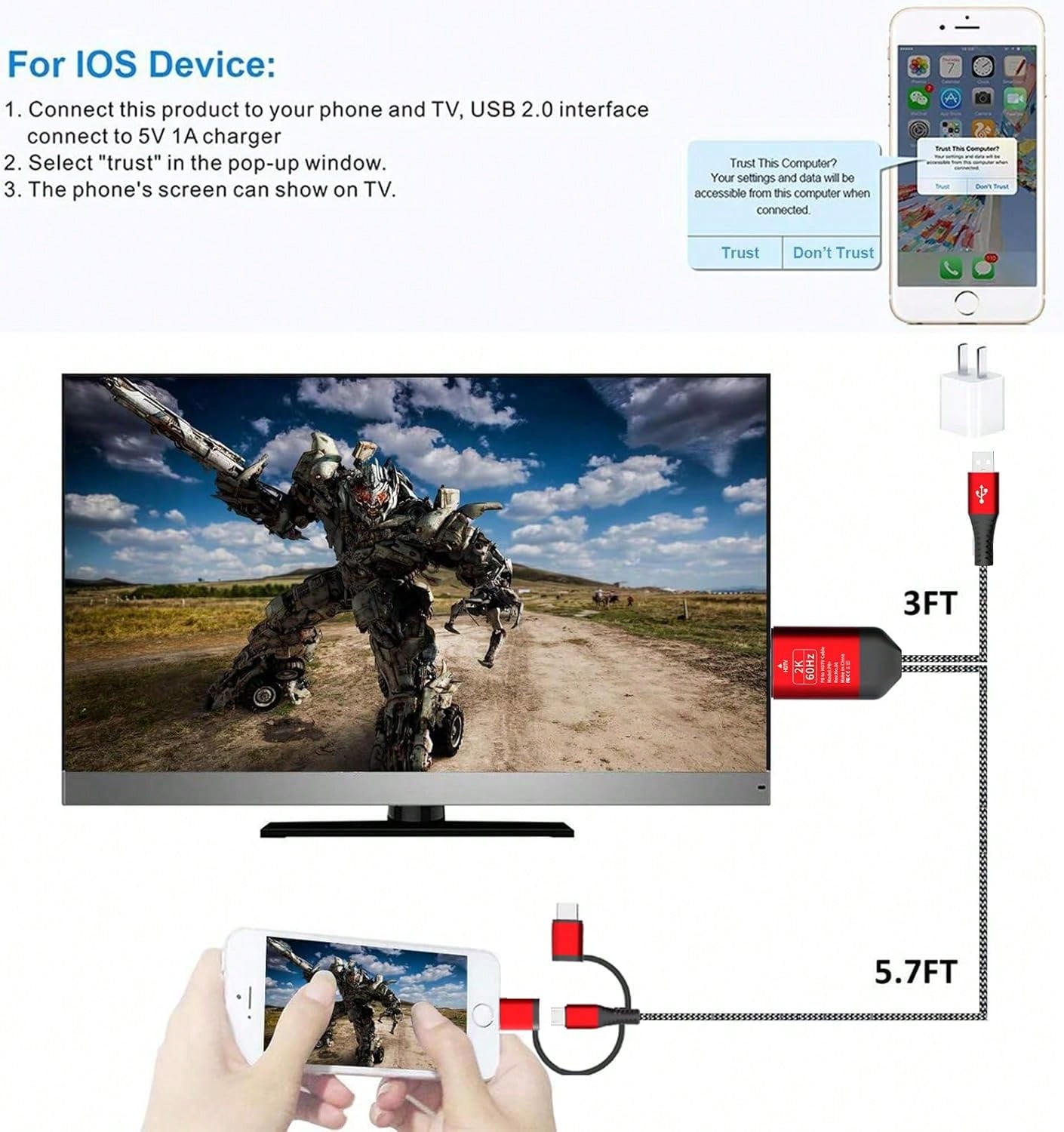 HD Cable To TV Adapter 2K 60Hz 1080P Mobile To TV HD Compatible With Android Phones With Type-C Port 3-In-1 Design Multi-Functional Plug-And-Play HD Cable Compatible With TVs/HDTVs/Blu-Ray Players