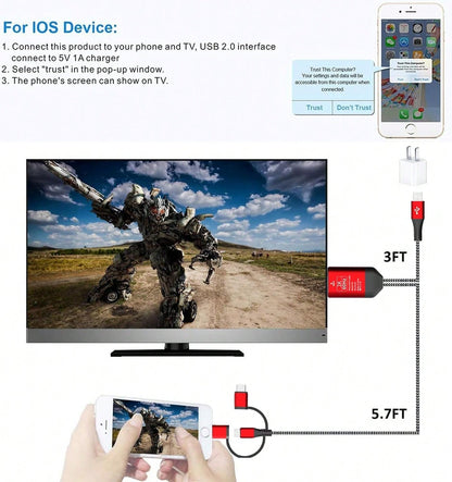 HD Cable To TV Adapter 2K 60Hz 1080P Mobile To TV HD Compatible With Android Phones With Type-C Port 3-In-1 Design Multi-Functional Plug-And-Play HD Cable Compatible With TVs/HDTVs/Blu-Ray Players