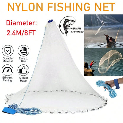 High Quality Nylon Fishing Net, 8 Feet, Handmade American Mesh, Suitable For Various Fish, Equipped With Zinc Alloy Heavy Objects, Durable And Efficient, Suitable For Fishermen To Use