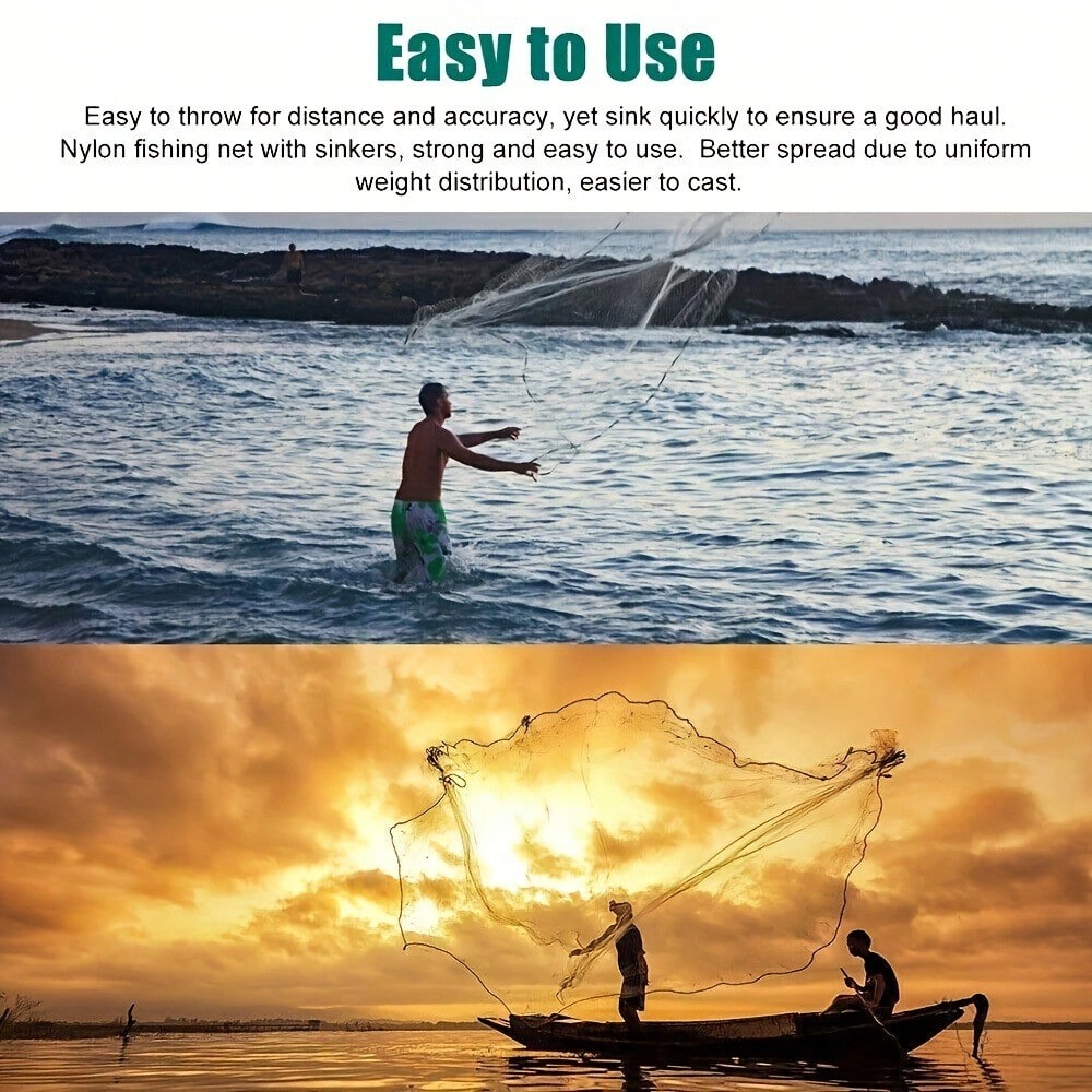 High Quality Nylon Fishing Net, 8 Feet, Handmade American Mesh, Suitable For Various Fish, Equipped With Zinc Alloy Heavy Objects, Durable And Efficient, Suitable For Fishermen To Use