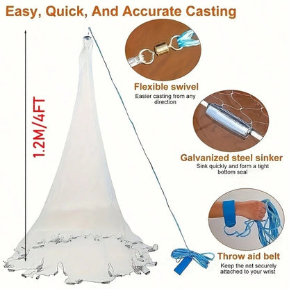 High Quality Nylon Fishing Net, 8 Feet, Handmade American Mesh, Suitable For Various Fish, Equipped With Zinc Alloy Heavy Objects, Durable And Efficient, Suitable For Fishermen To Use