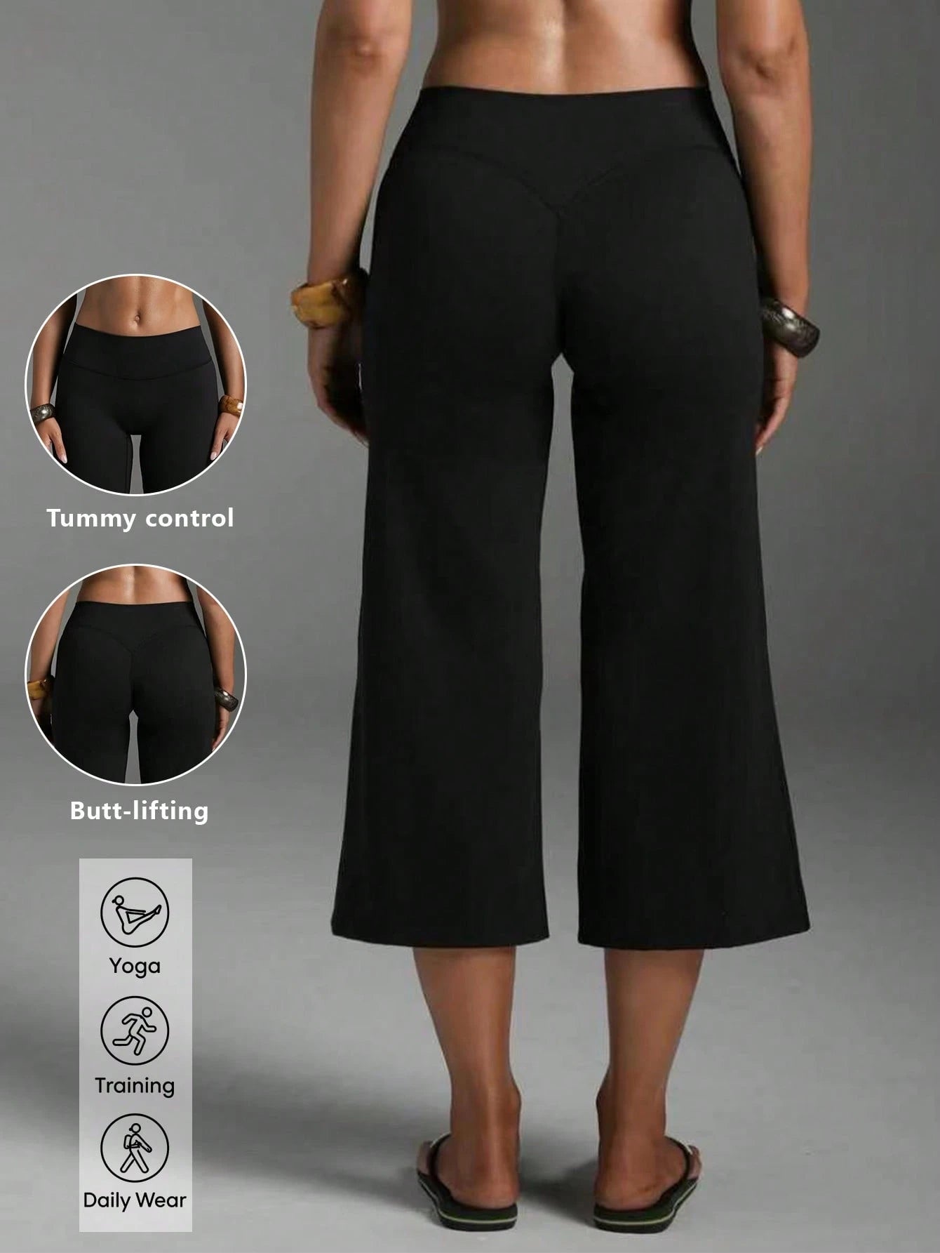 High Waist Wide Leg Capri Pants, Casual Pure Black Loose Capri Pants, Comfortable Slimming And Versatile Sports