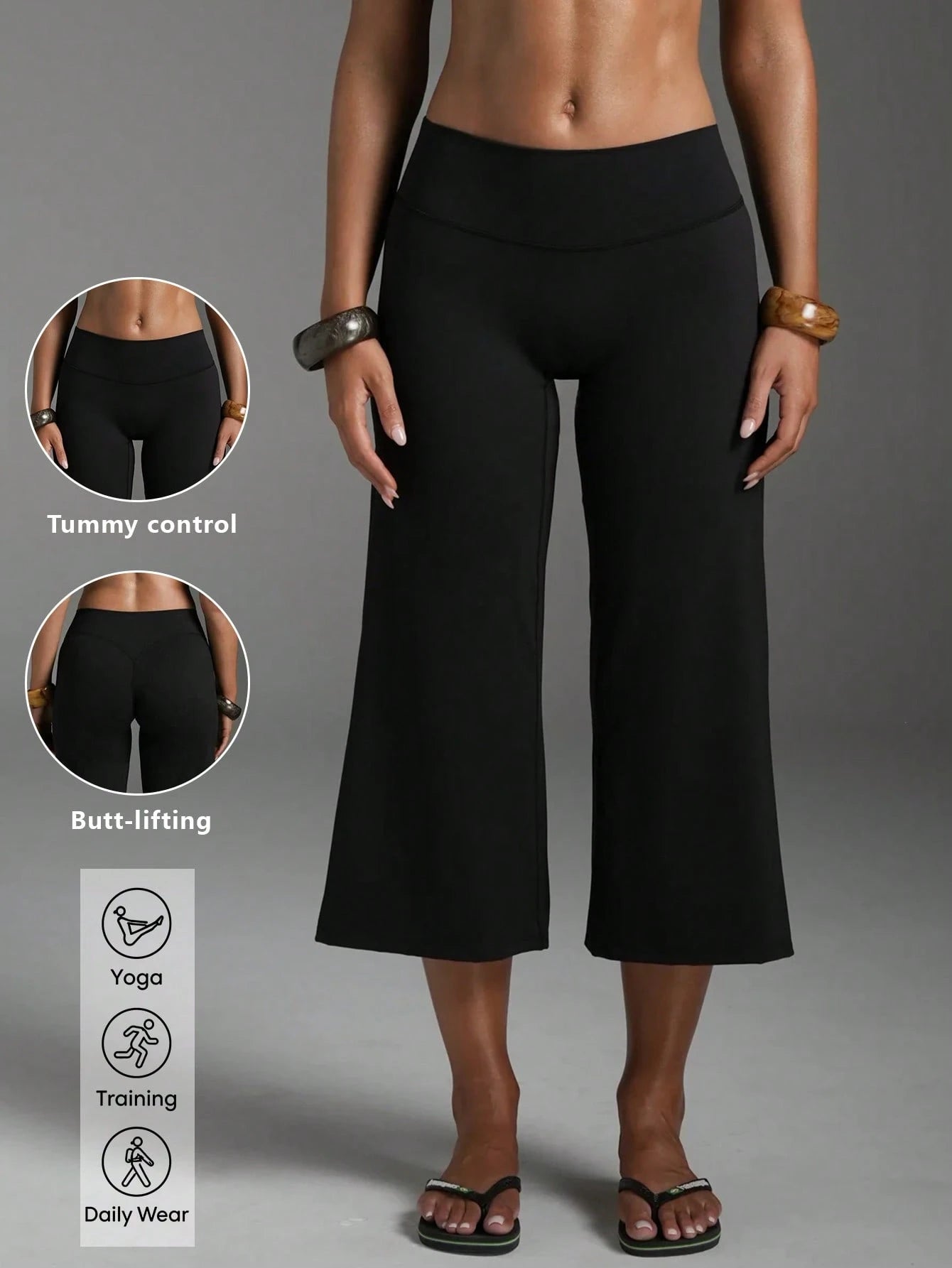 High Waist Wide Leg Capri Pants, Casual Pure Black Loose Capri Pants, Comfortable Slimming And Versatile Sports