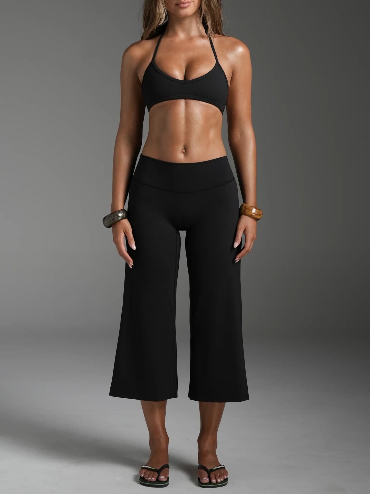 High Waist Wide Leg Capri Pants, Casual Pure Black Loose Capri Pants, Comfortable Slimming And Versatile Sports