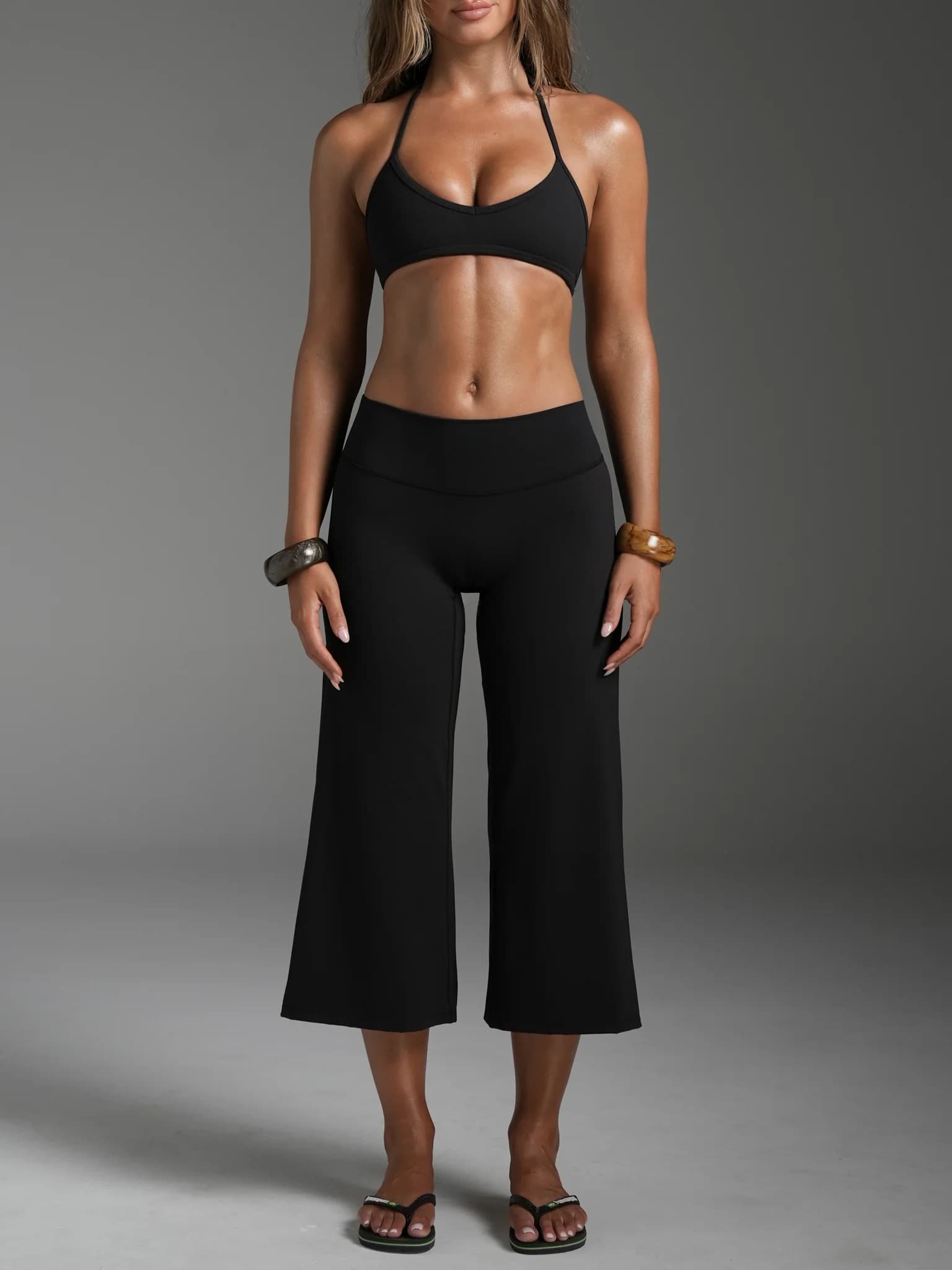 High Waist Wide Leg Capri Pants, Casual Pure Black Loose Capri Pants, Comfortable Slimming And Versatile Sports
