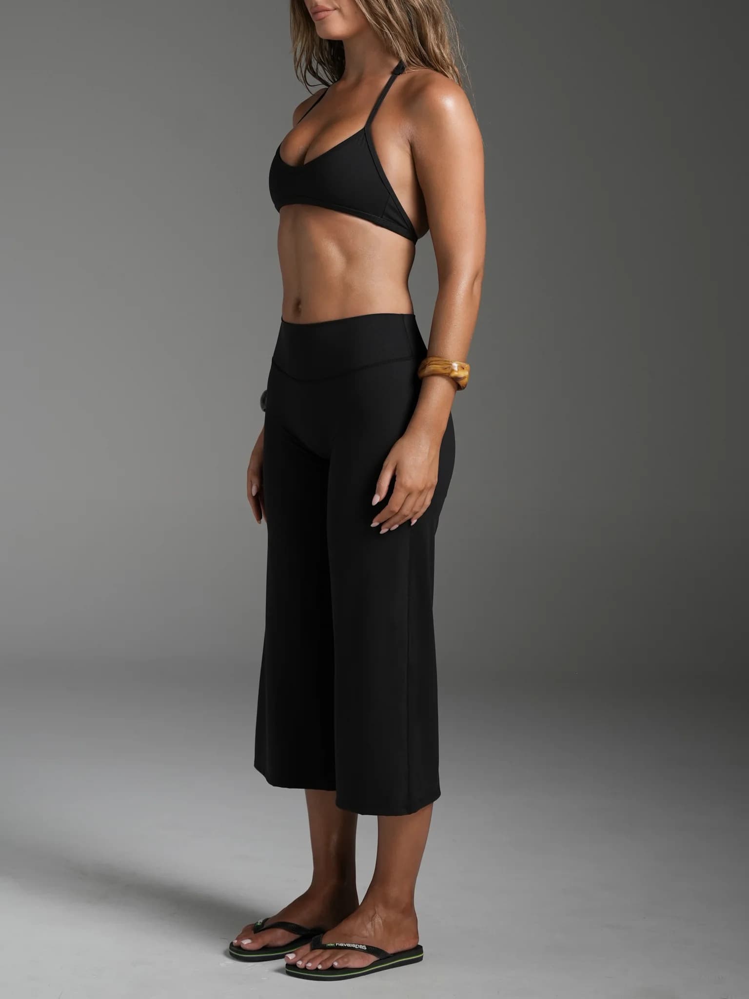 High Waist Wide Leg Capri Pants, Casual Pure Black Loose Capri Pants, Comfortable Slimming And Versatile Sports