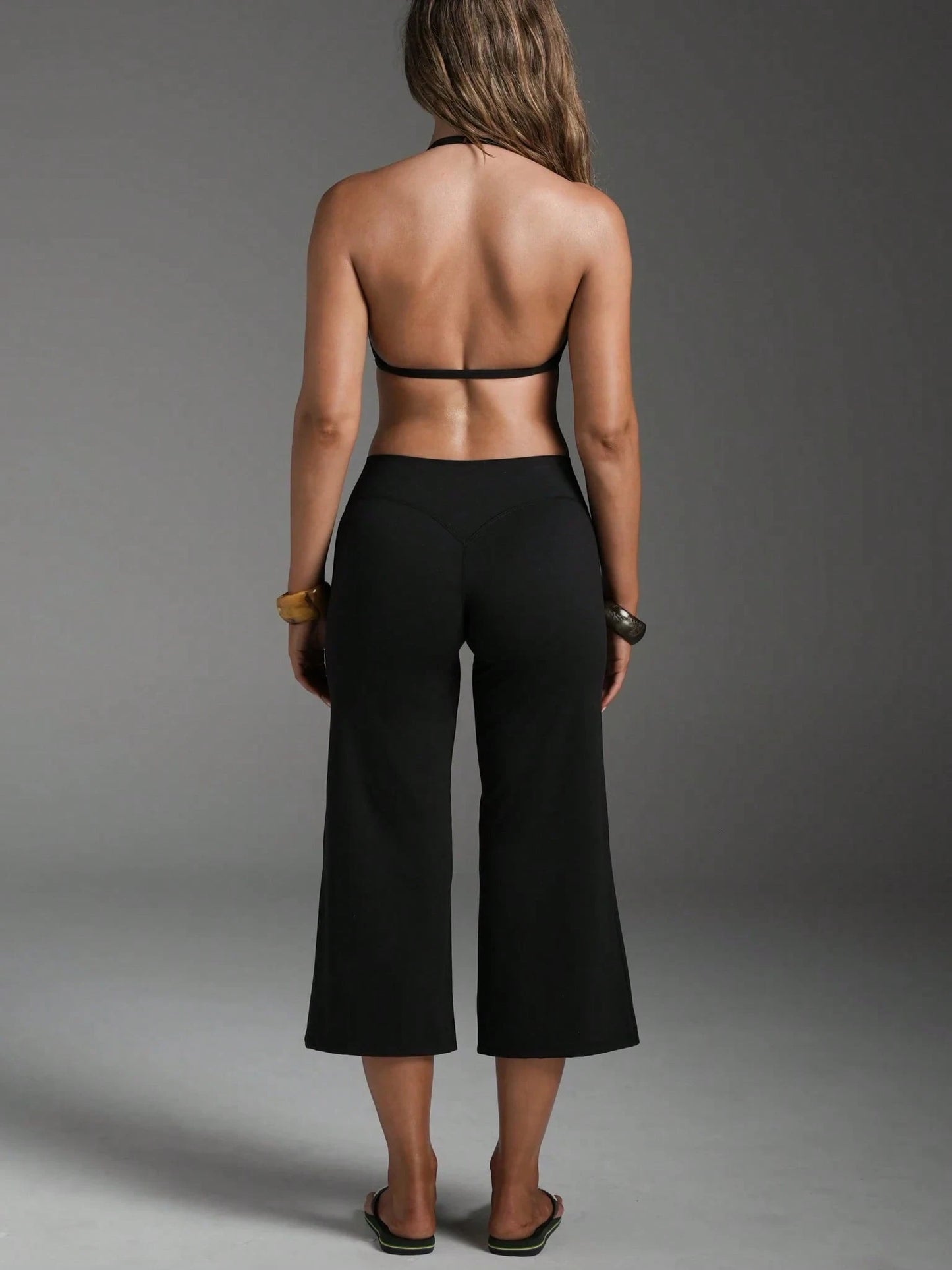 High Waist Wide Leg Capri Pants, Casual Pure Black Loose Capri Pants, Comfortable Slimming And Versatile Sports